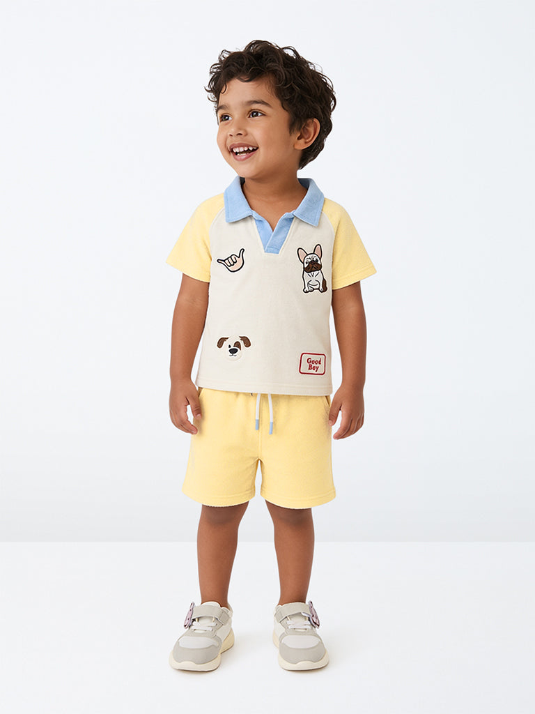 HOP Kids Boys Yellow Patch-Detail Cotton T-Shirt and Shorts Set