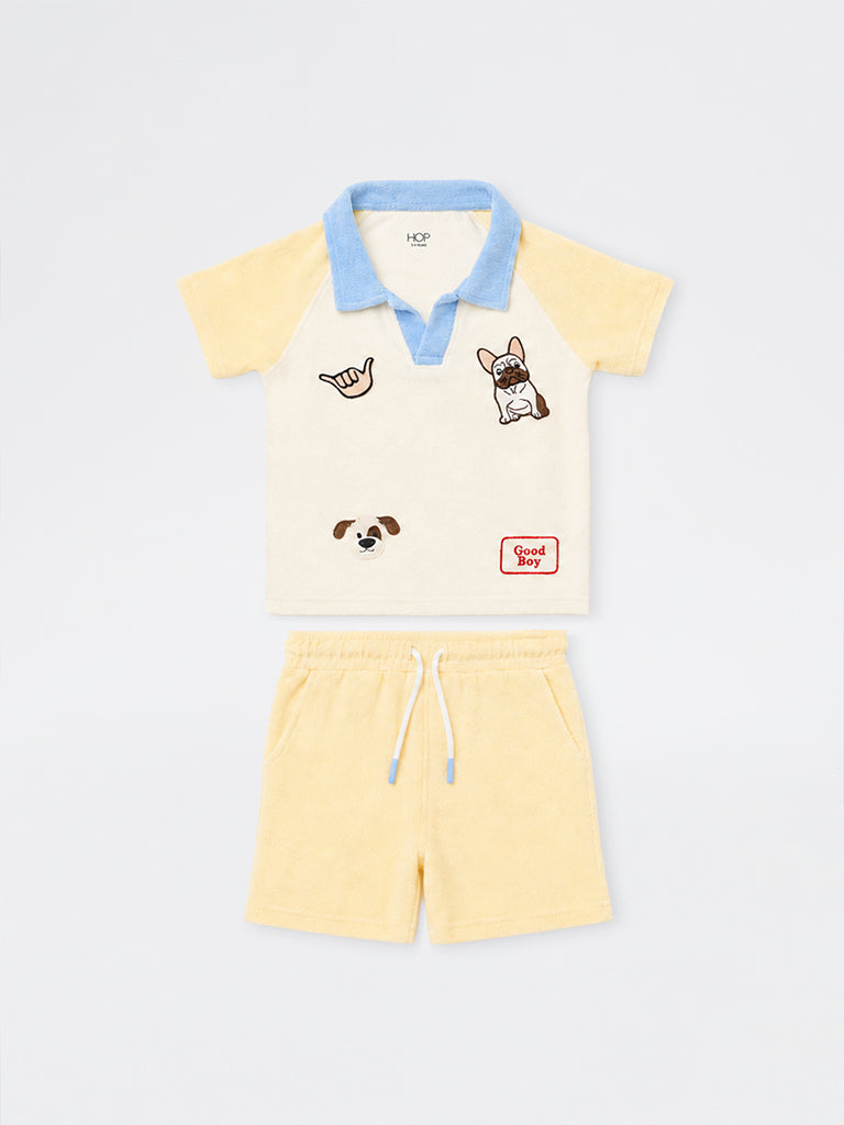 HOP Kids Boys Yellow Patch-Detail Cotton T-Shirt and Shorts Set