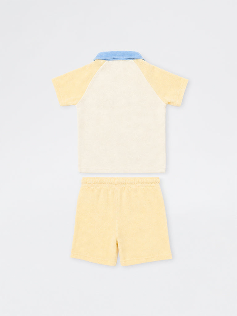 HOP Kids Boys Yellow Patch-Detail Cotton T-Shirt and Shorts Set