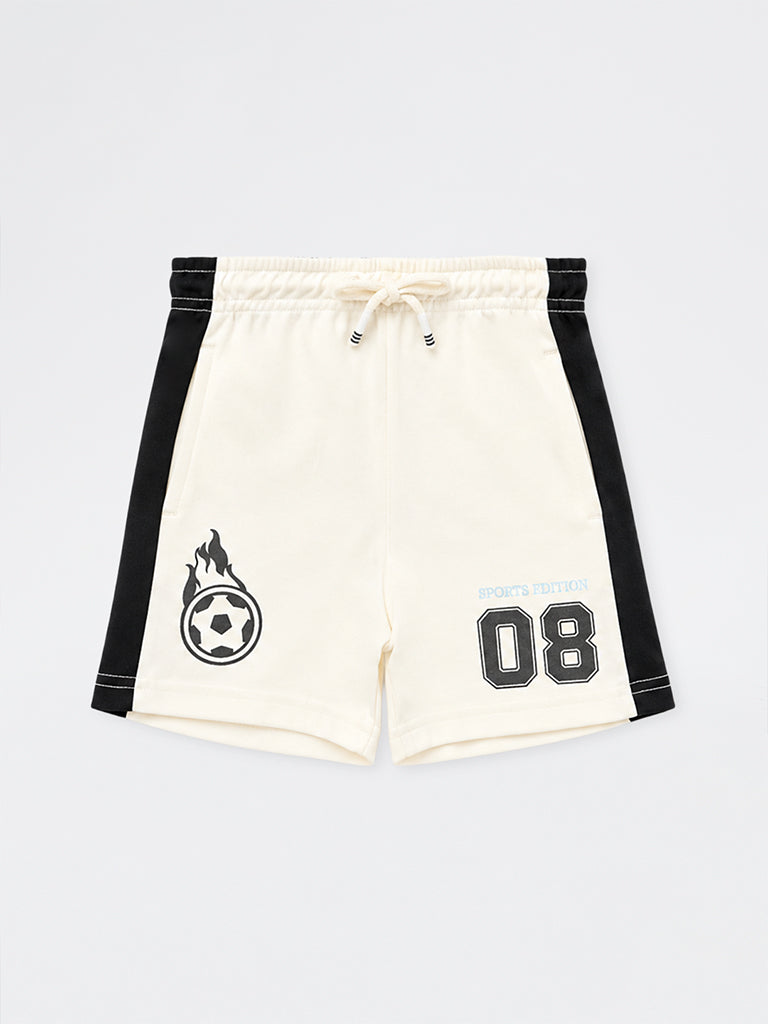 HOP Kids Boys White Printed Mid-Rise Cotton Shorts