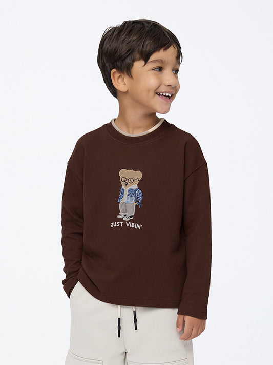HOP Kids Boys Brown Teddy Embroidered Knitted Cotton Sweater