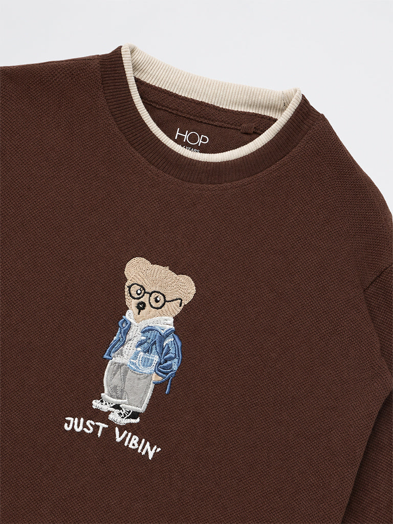 HOP Kids Boys Brown Teddy Embroidered Knitted Cotton Sweater