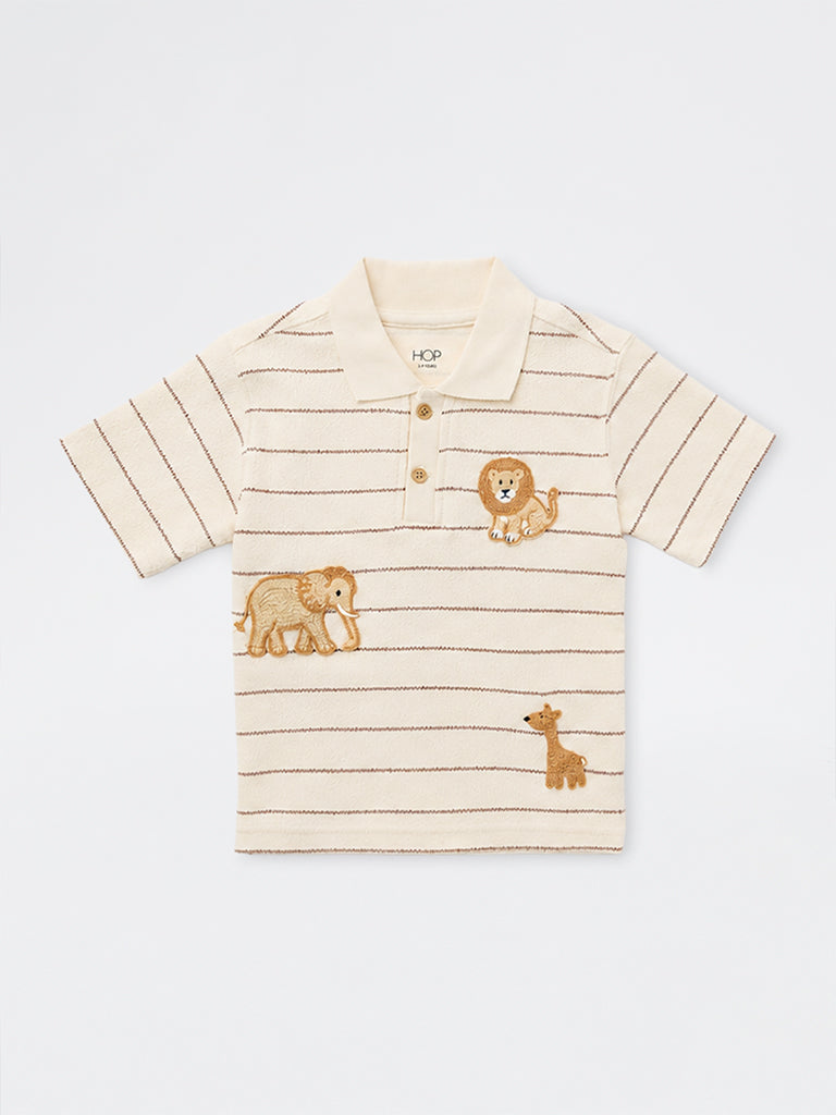 HOP Kids Boys Beige Striped Cotton-Blend Polo T-Shirt