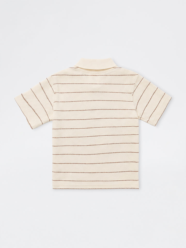 HOP Kids Boys Beige Striped Cotton-Blend Polo T-Shirt