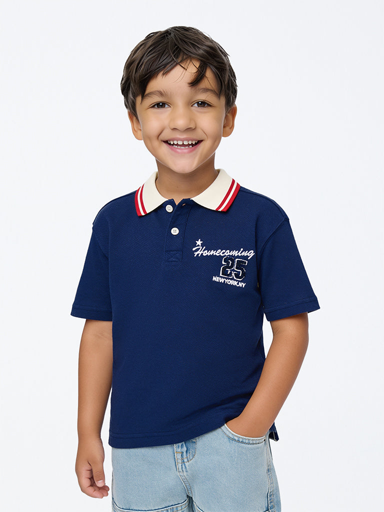 HOP Kids Boys Navy Printed Cotton T-Shirt