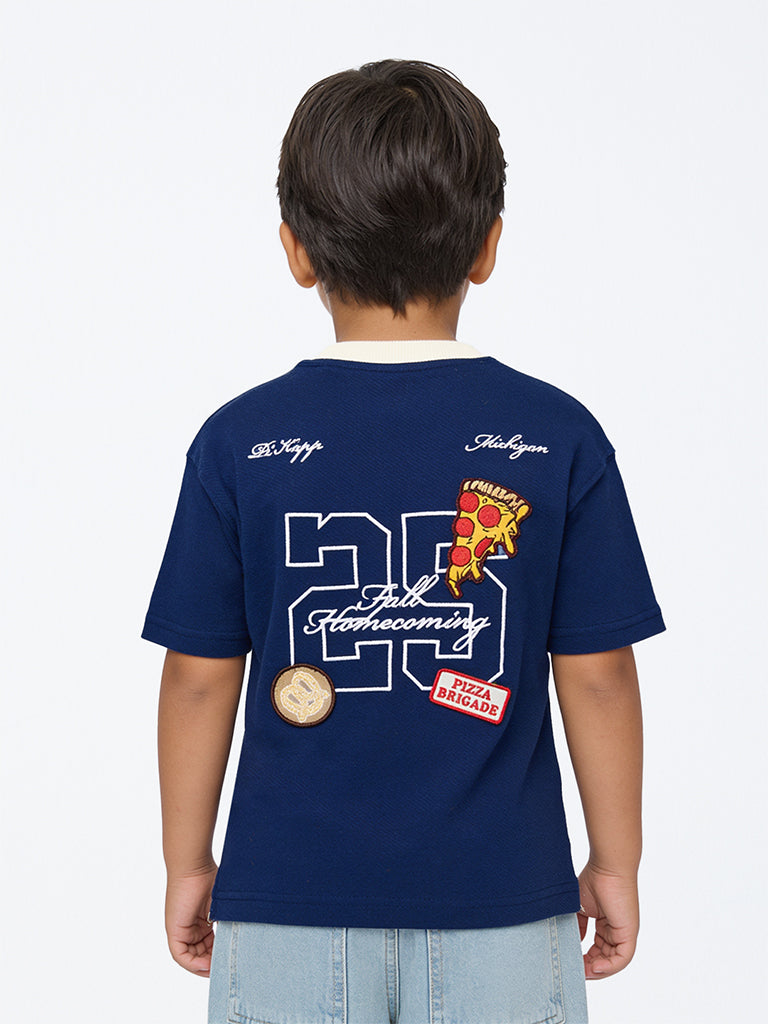 HOP Kids Boys Navy Printed Cotton T-Shirt