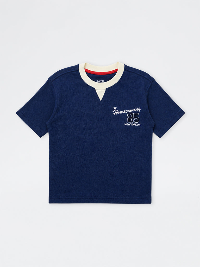 HOP Kids Boys Navy Printed Cotton T-Shirt