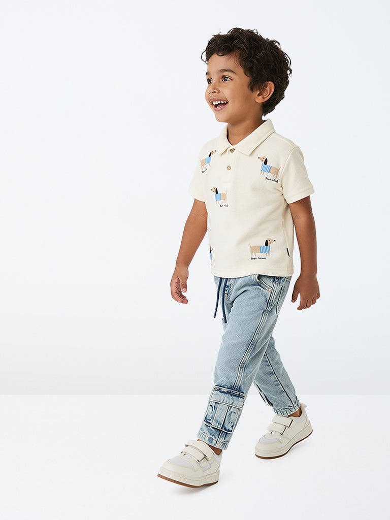 HOP Kids Boys Off-White Dog Embroidered Cotton Polo T-Shirt