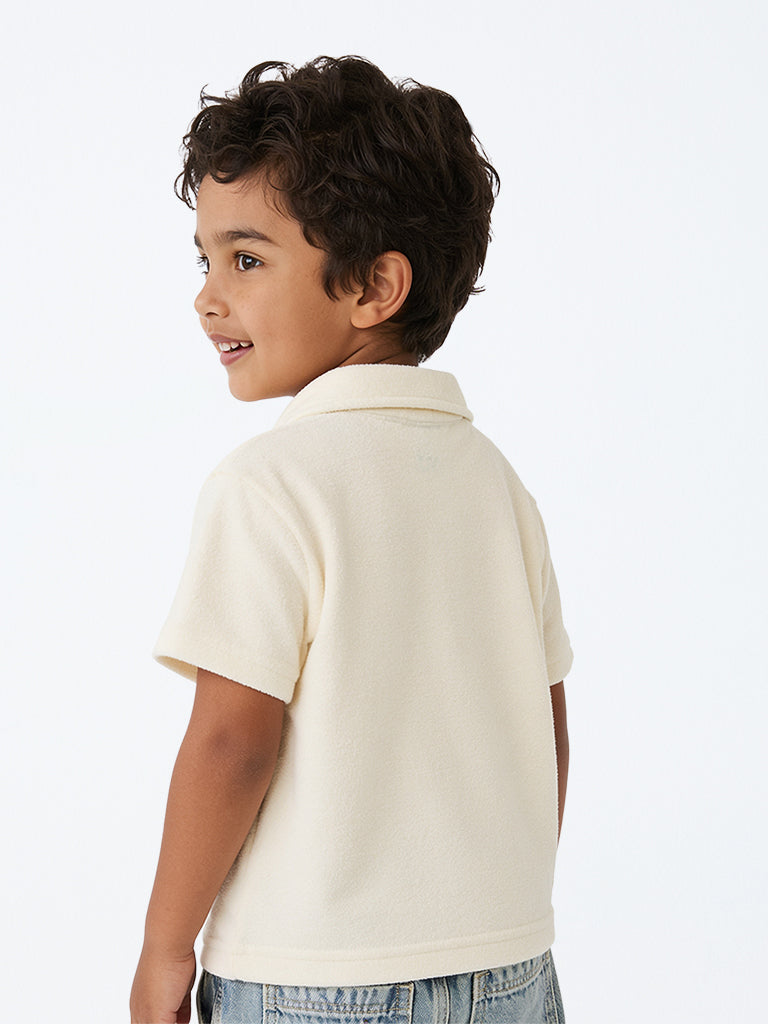 HOP Kids Boys Off-White Dog Embroidered Cotton Polo T-Shirt