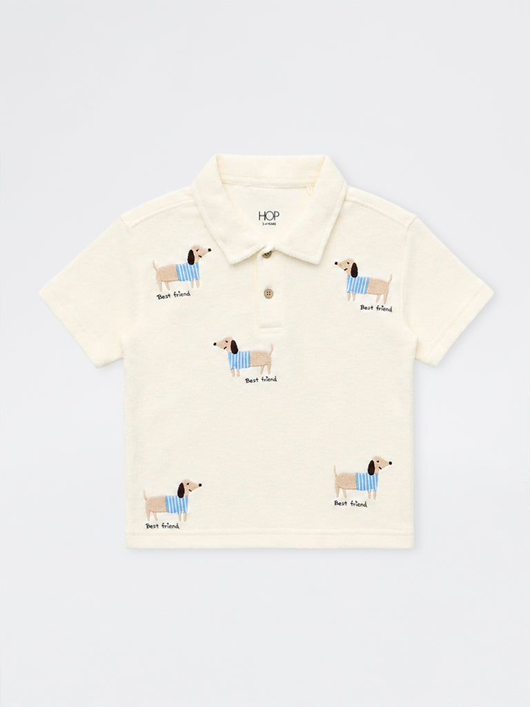 HOP Kids Boys Off-White Dog Embroidered Cotton Polo T-Shirt