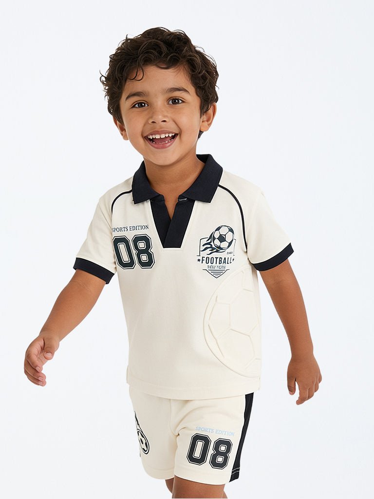 HOP Kids Boys White Football Embossed Cotton T-Shirt