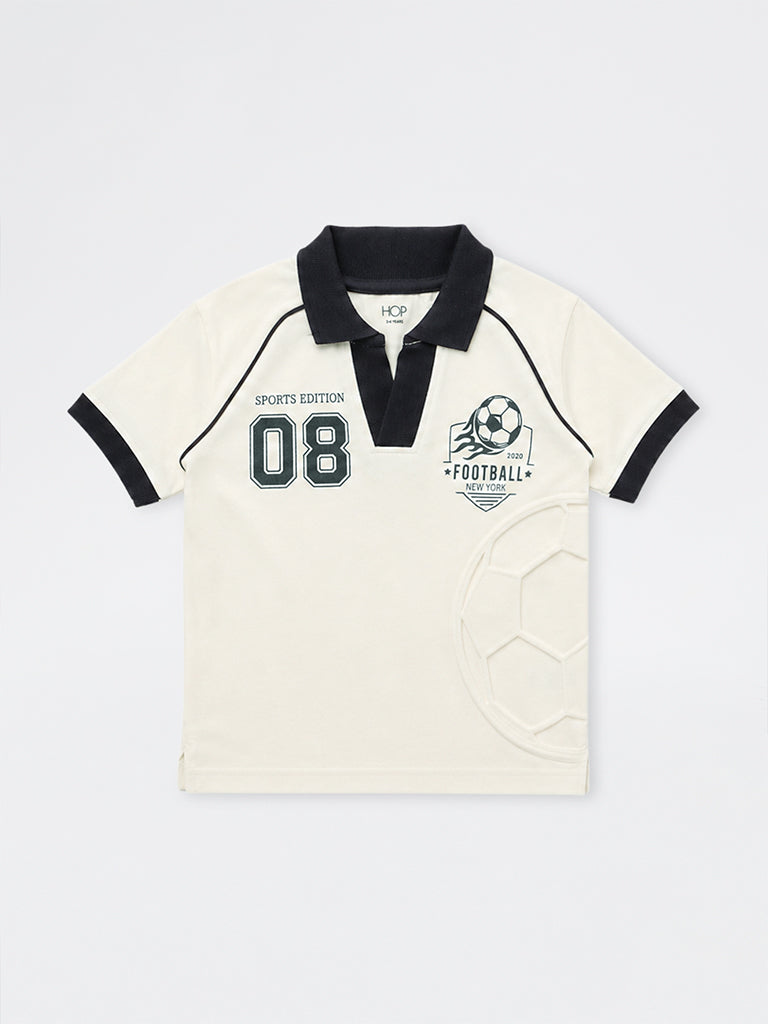 HOP Kids Boys White Football Embossed Cotton T-Shirt