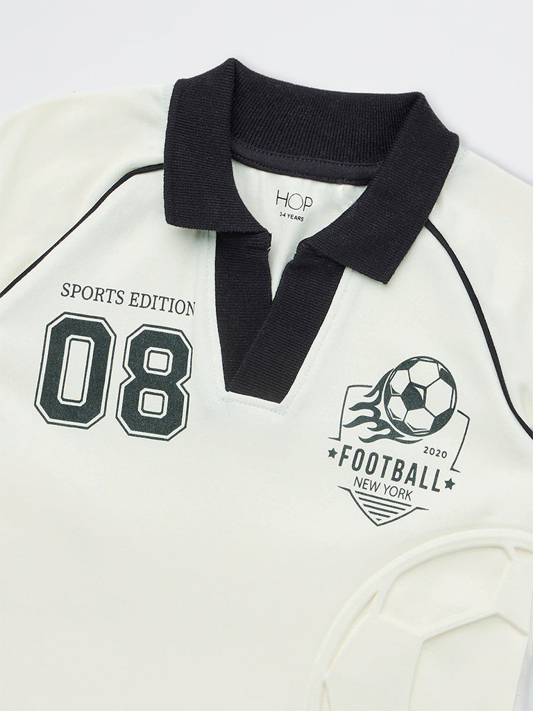 HOP Kids Boys White Football Embossed Cotton T-Shirt