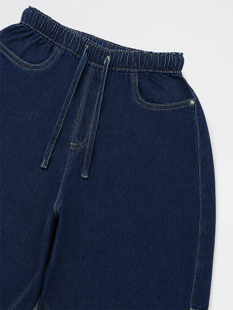 HOP Kids Girls Dark Blue Solid High-Waist Relaxed-Fit Jeans