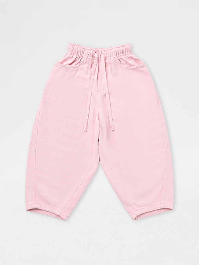 HOP Kids Girls Light Pink Solid High-Waist Relaxed-Fit Jeans