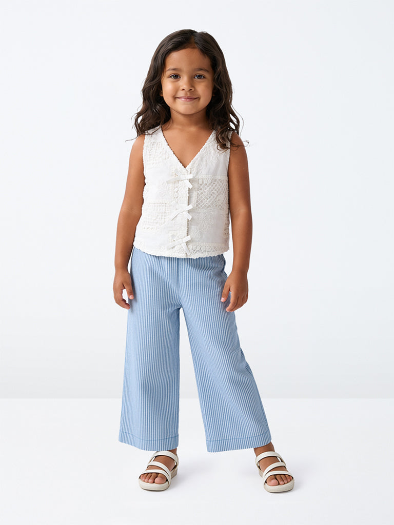 HOP Kids Girls Blue Striped Cotton Trousers