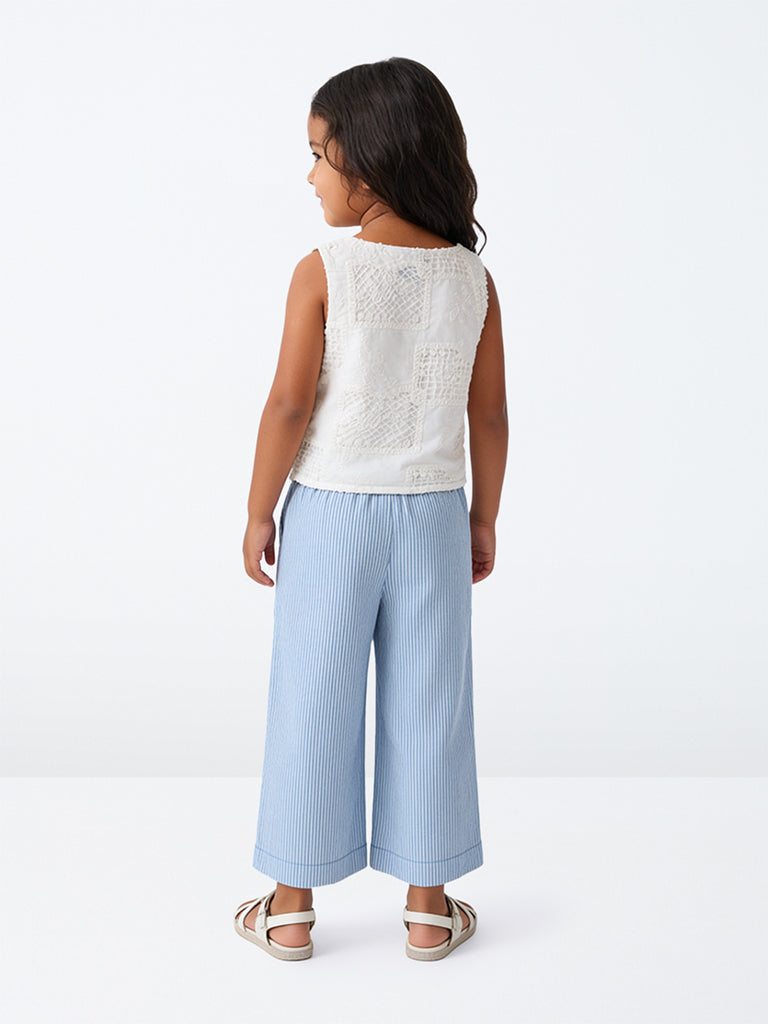HOP Kids Girls Blue Striped Cotton Trousers