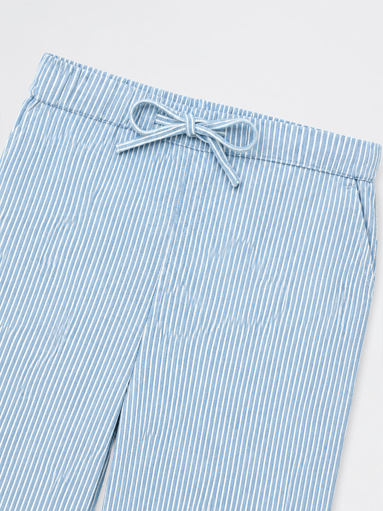 HOP Kids Girls Blue Striped Cotton Trousers