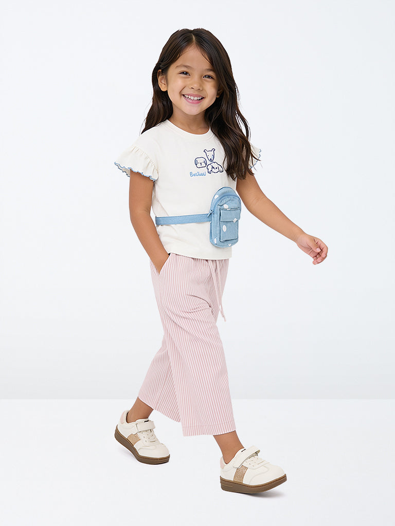 HOP Kids Girls Light Pink Striped High-Rise Cotton Trousers