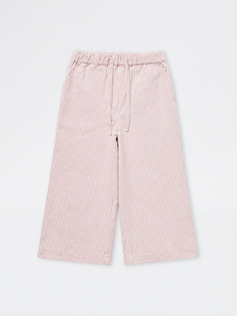 HOP Kids Girls Light Pink Striped High-Rise Cotton Trousers