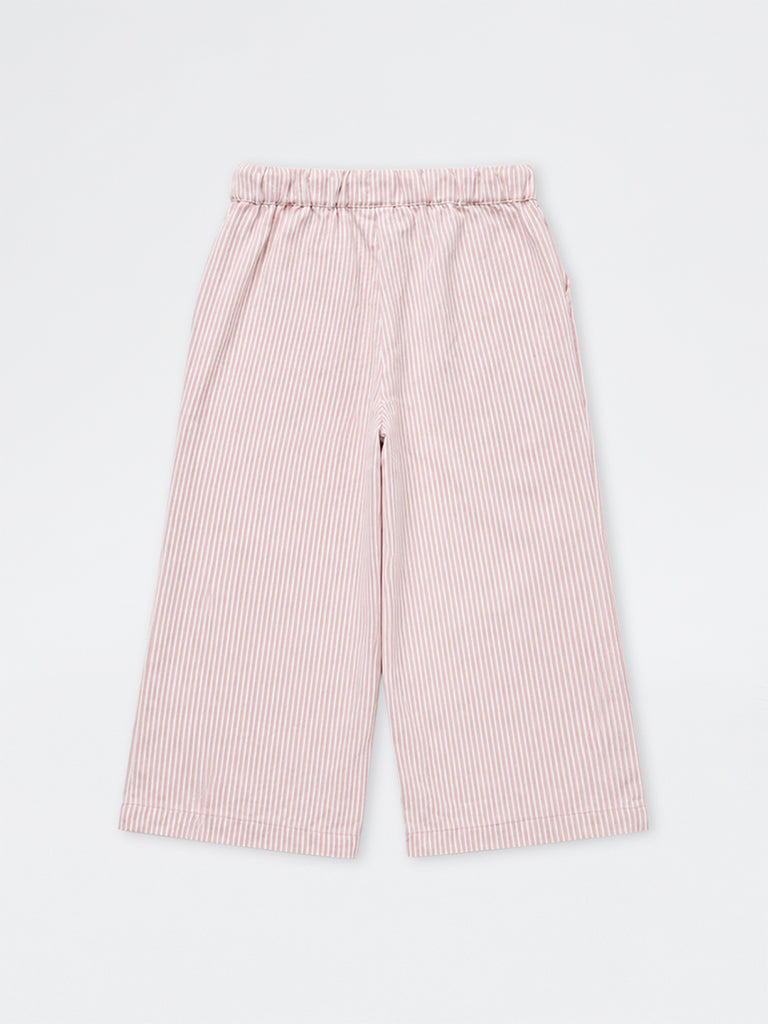 HOP Kids Girls Light Pink Striped High-Rise Cotton Trousers