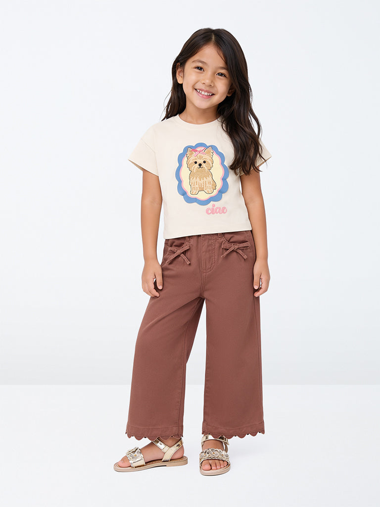 HOP Kids Girls Brown Scalloped-Detail High-Rise Trousers