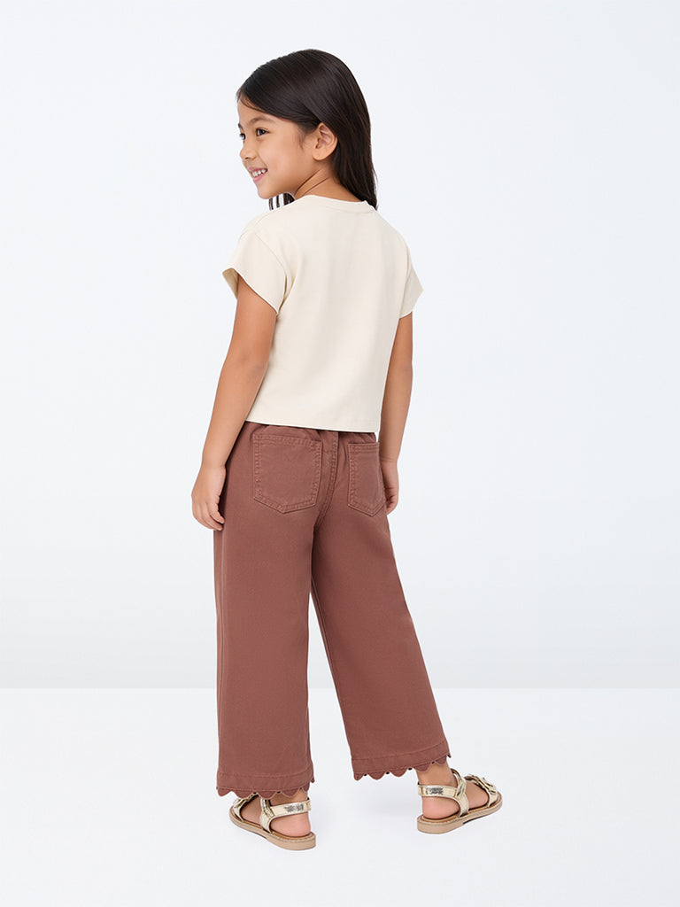 HOP Kids Girls Brown Scalloped-Detail High-Rise Trousers