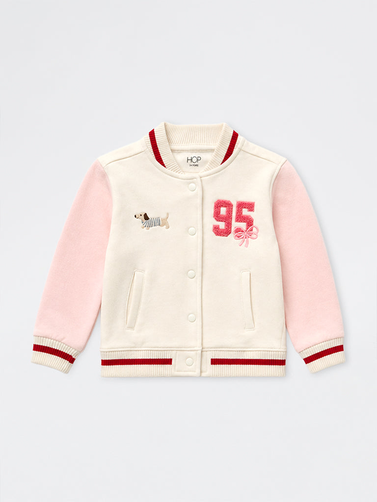 HOP Kids Girls Off-White Text Embroidered Cotton-Blend Varsity Jacket