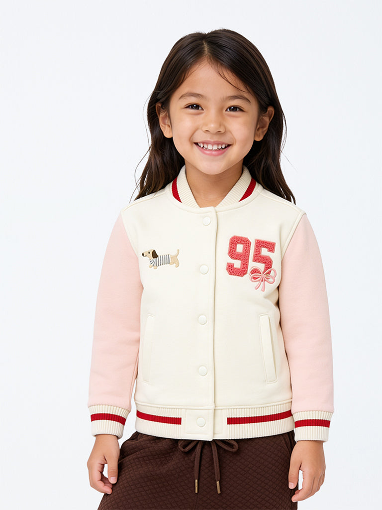 HOP Kids Girls Off-White Text Embroidered Cotton-Blend Varsity Jacket