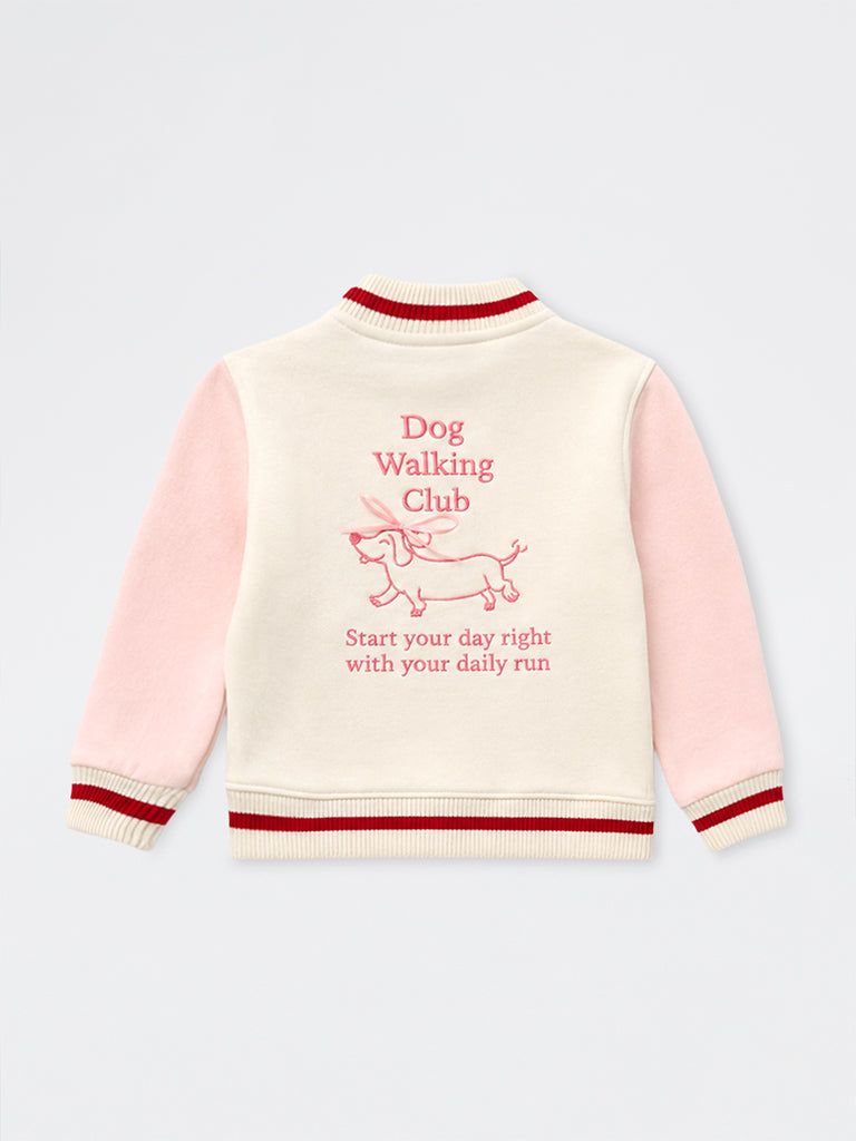 HOP Kids Girls Off-White Text Embroidered Cotton-Blend Varsity Jacket