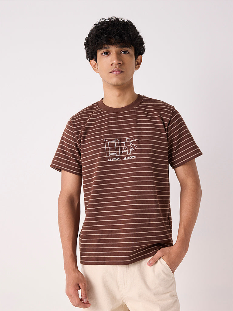 Boys Brown Stripe Printed Cotton T-Shirt