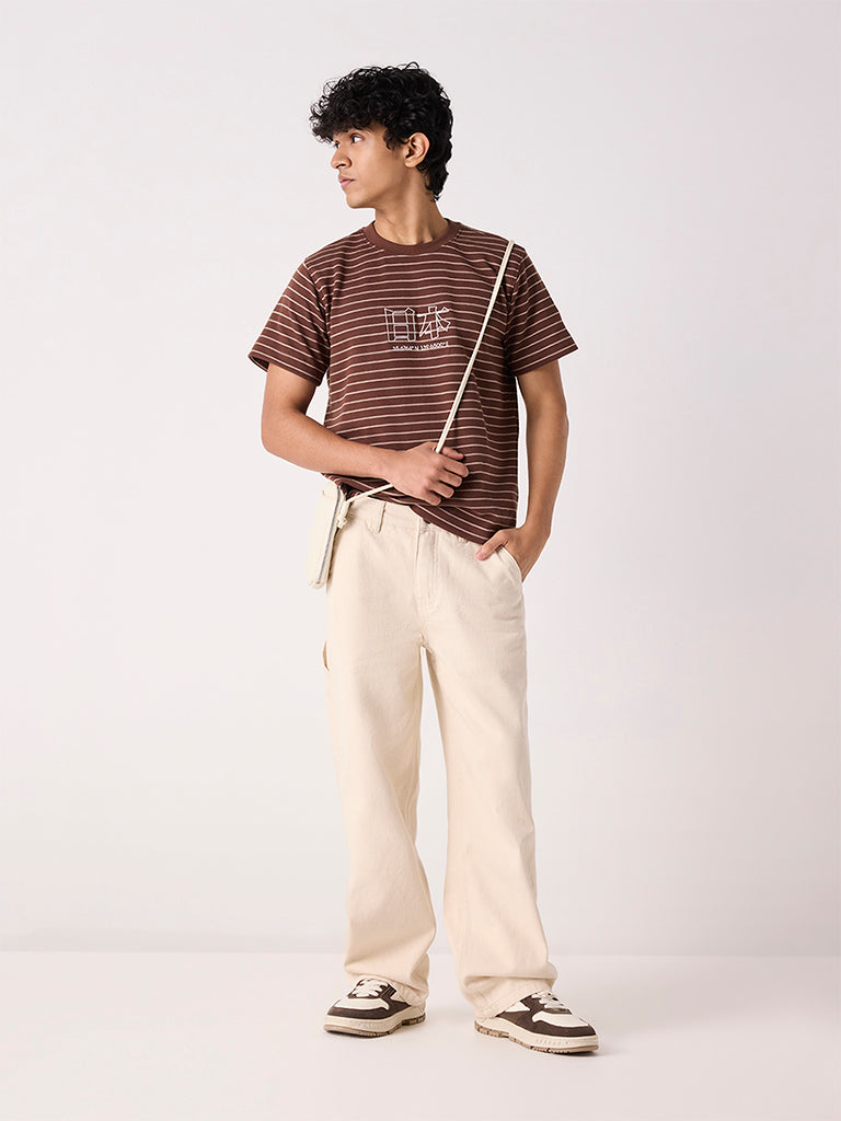 Boys Brown Stripe Printed Cotton T-Shirt