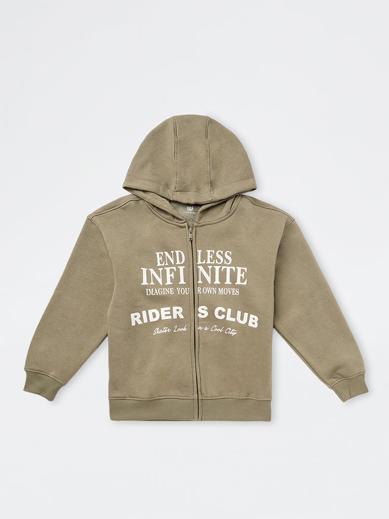Boys Khaki Text Printed Cotton-Blend Hooded Jacket