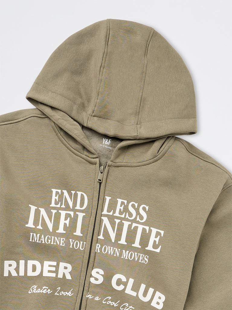 Boys Khaki Text Printed Cotton-Blend Hooded Jacket
