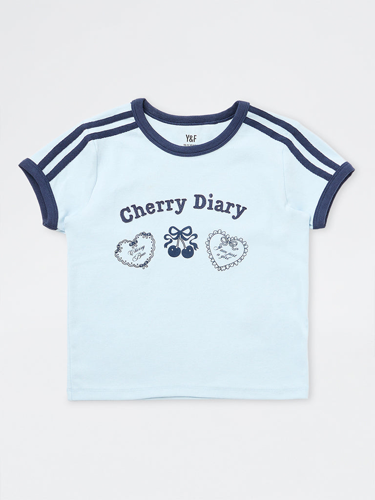 Girls Blue Printed Cotton-Blend T-Shirt