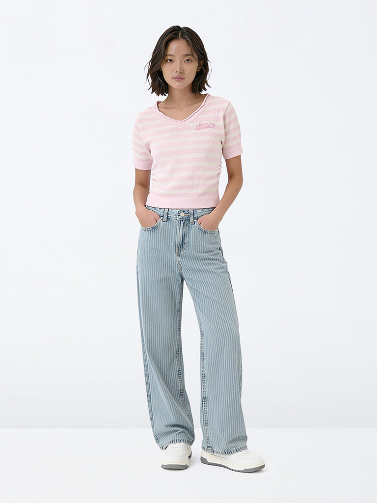 Girls Blue Striped High-Rise Relaxed Fit Jeans