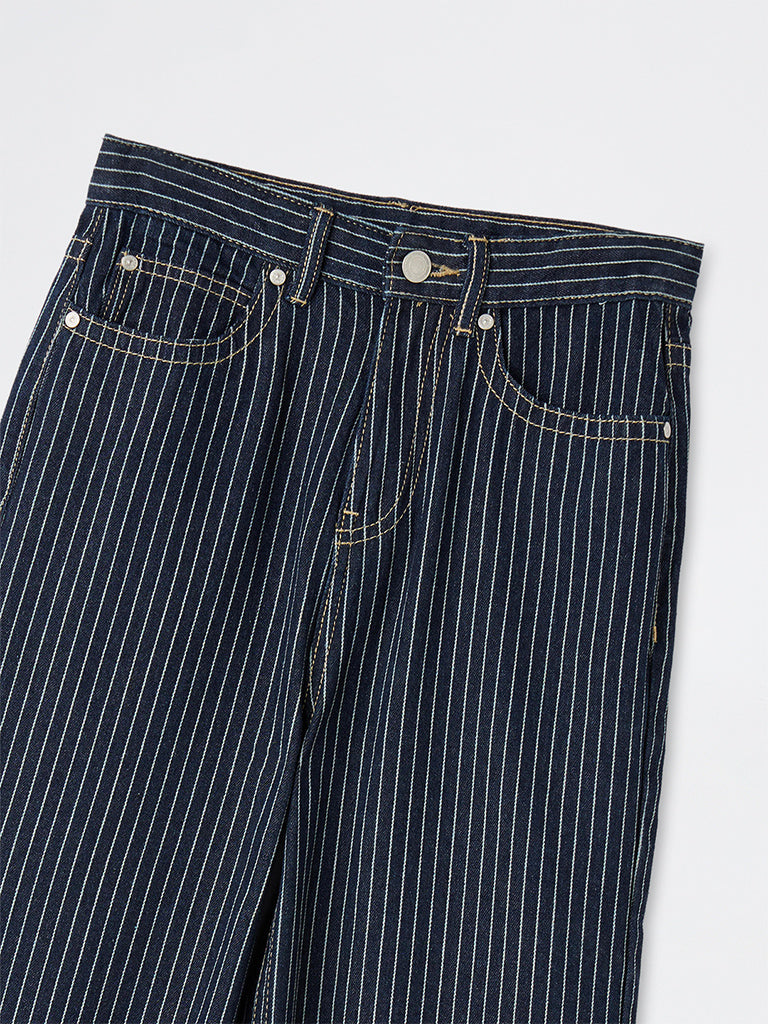 Girls Dark Blue Striped High-Rise Jeans