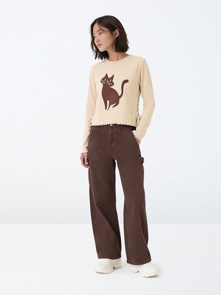 Y&F Kids Girls Dark Brown High-Rise Relaxed Fit Jeans