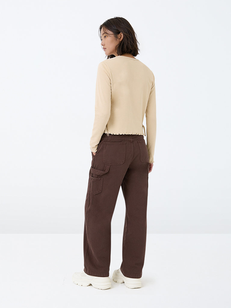 Y&F Kids Girls Dark Brown High-Rise Relaxed Fit Jeans