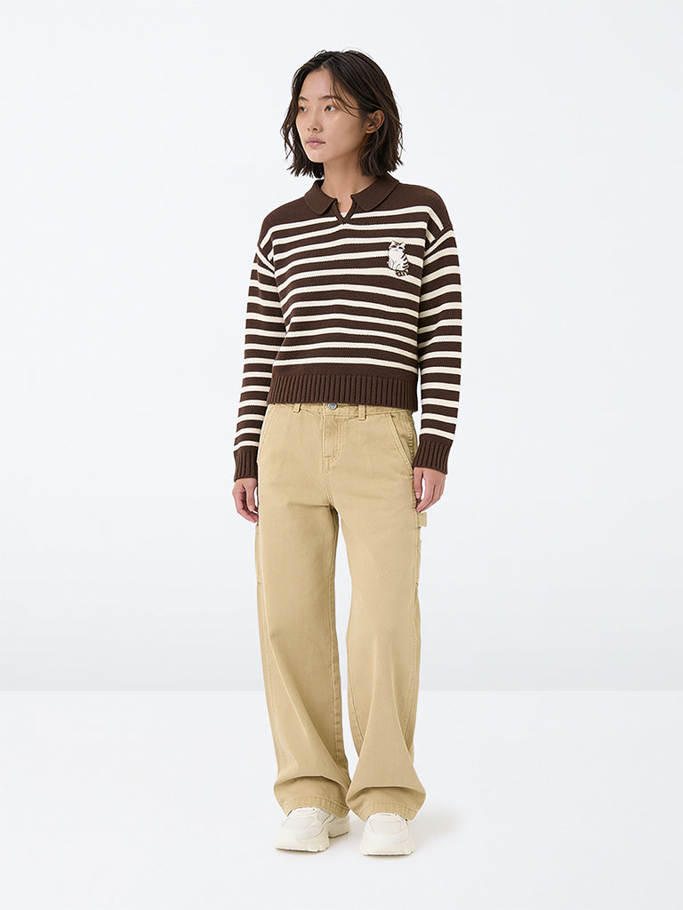Y&F Kids Girls Beige High-Rise Relaxed Fit Jeans