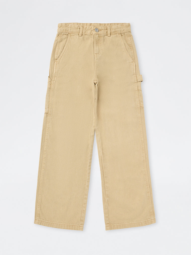 Y&F Kids Girls Beige High-Rise Relaxed Fit Jeans