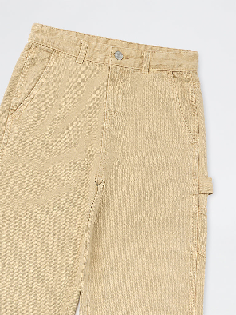 Y&F Kids Girls Beige High-Rise Relaxed Fit Jeans