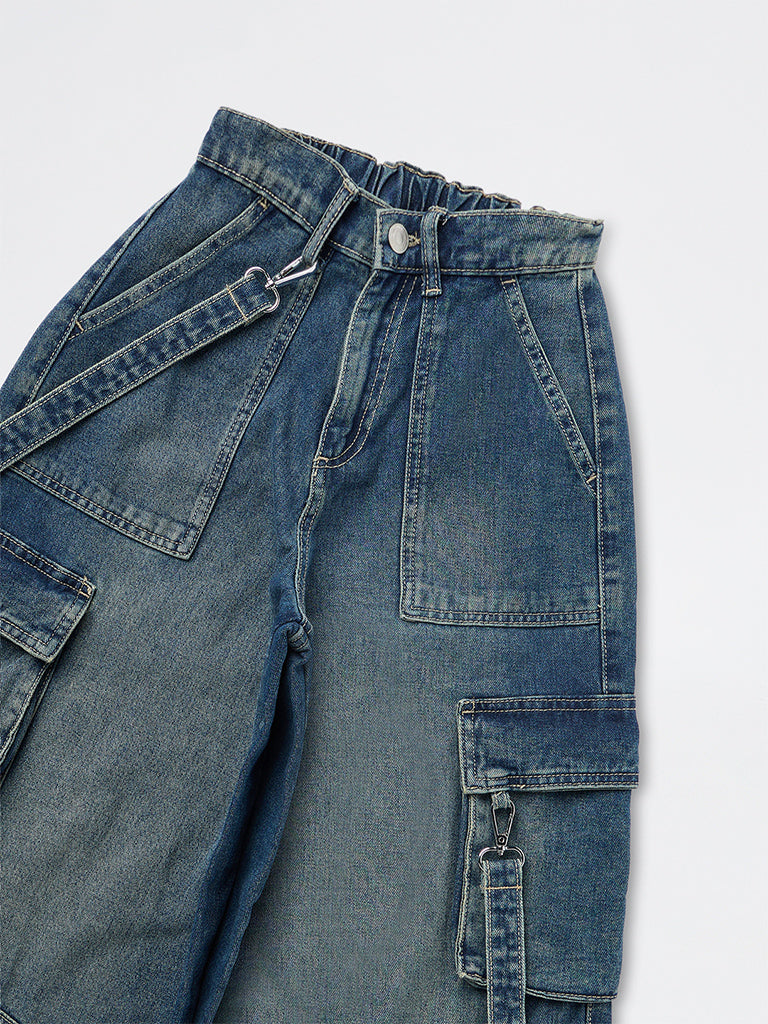 Girls Blue Wash High-Rise Cargo Jeans with Dangling Straps