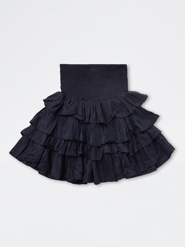 Girls Navy High-Rise Tiered Skirt