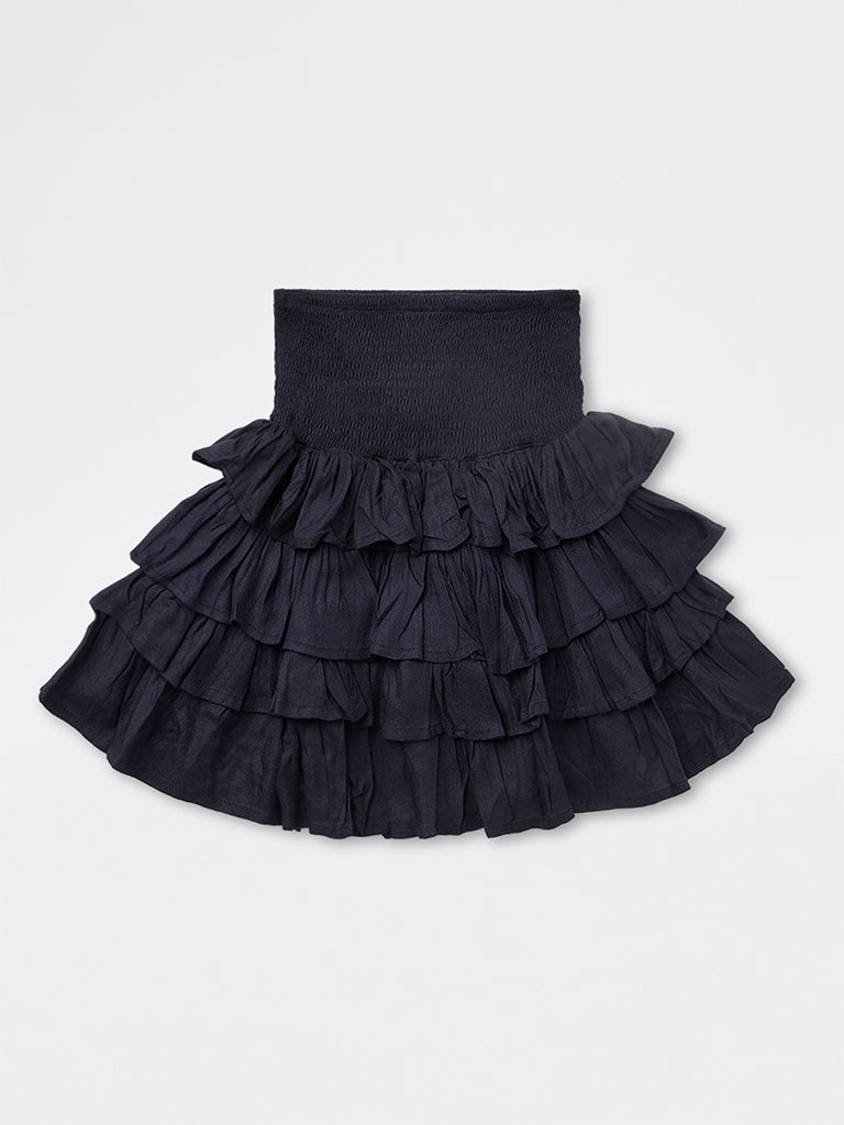 Girls Navy High-Rise Tiered Skirt