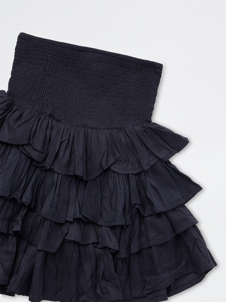 Girls Navy High-Rise Tiered Skirt