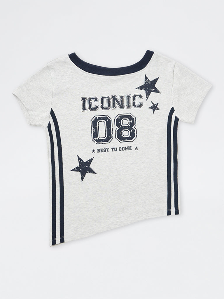 Girls Grey Graphic Printed Cotton-Blend T-Shirt