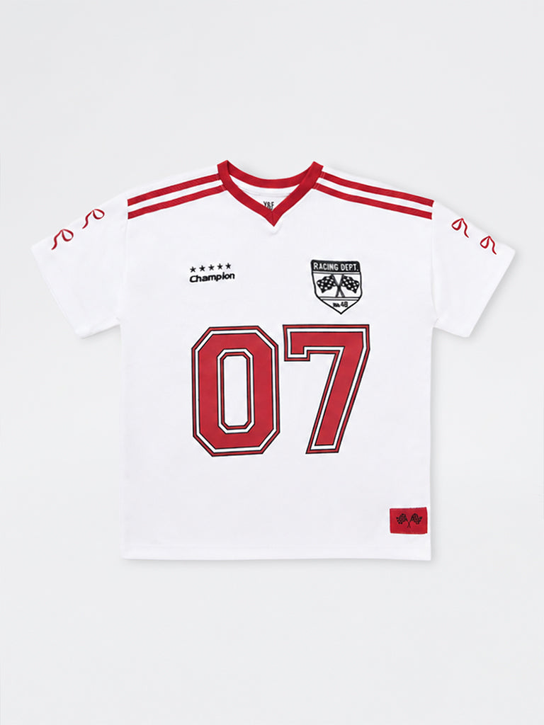 Girls White Numerical Printed T-Shirt