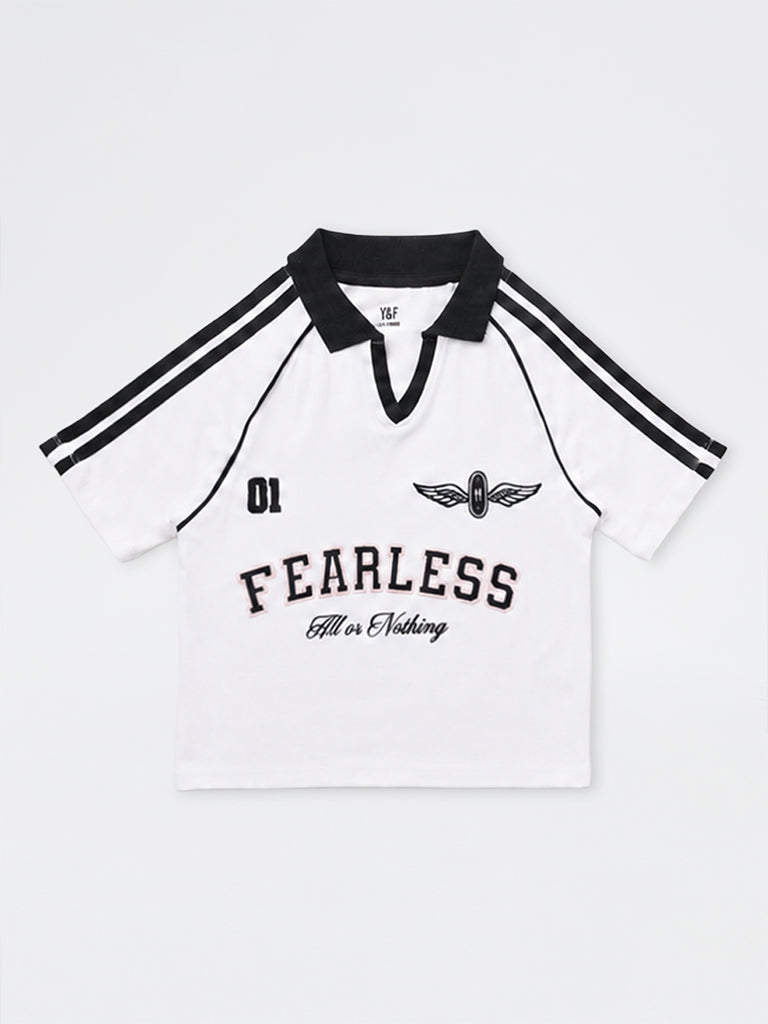 Girls White Text Embroidered Cotton T-Shirt