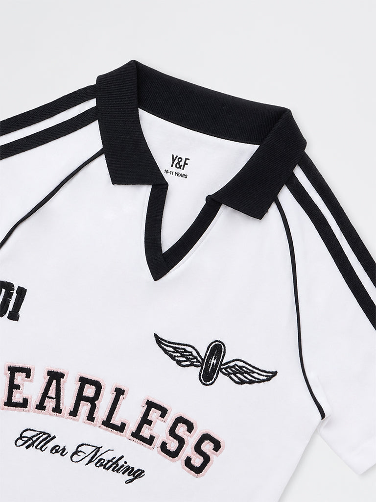 Girls White Text Embroidered Cotton T-Shirt